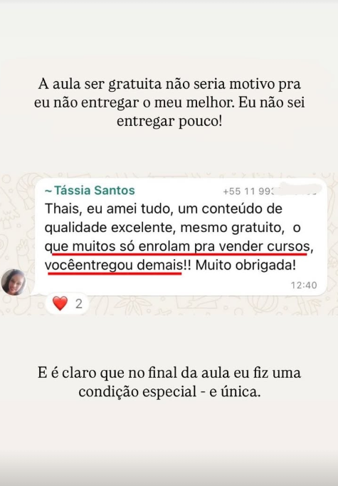 Print de depoimento de aluna elogiando a qualidade da aula